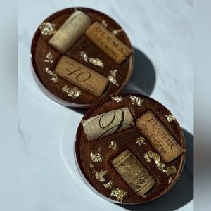 Set of 2 metallic brown and gold leaf Wine Coasters. Handmade with luxury corks